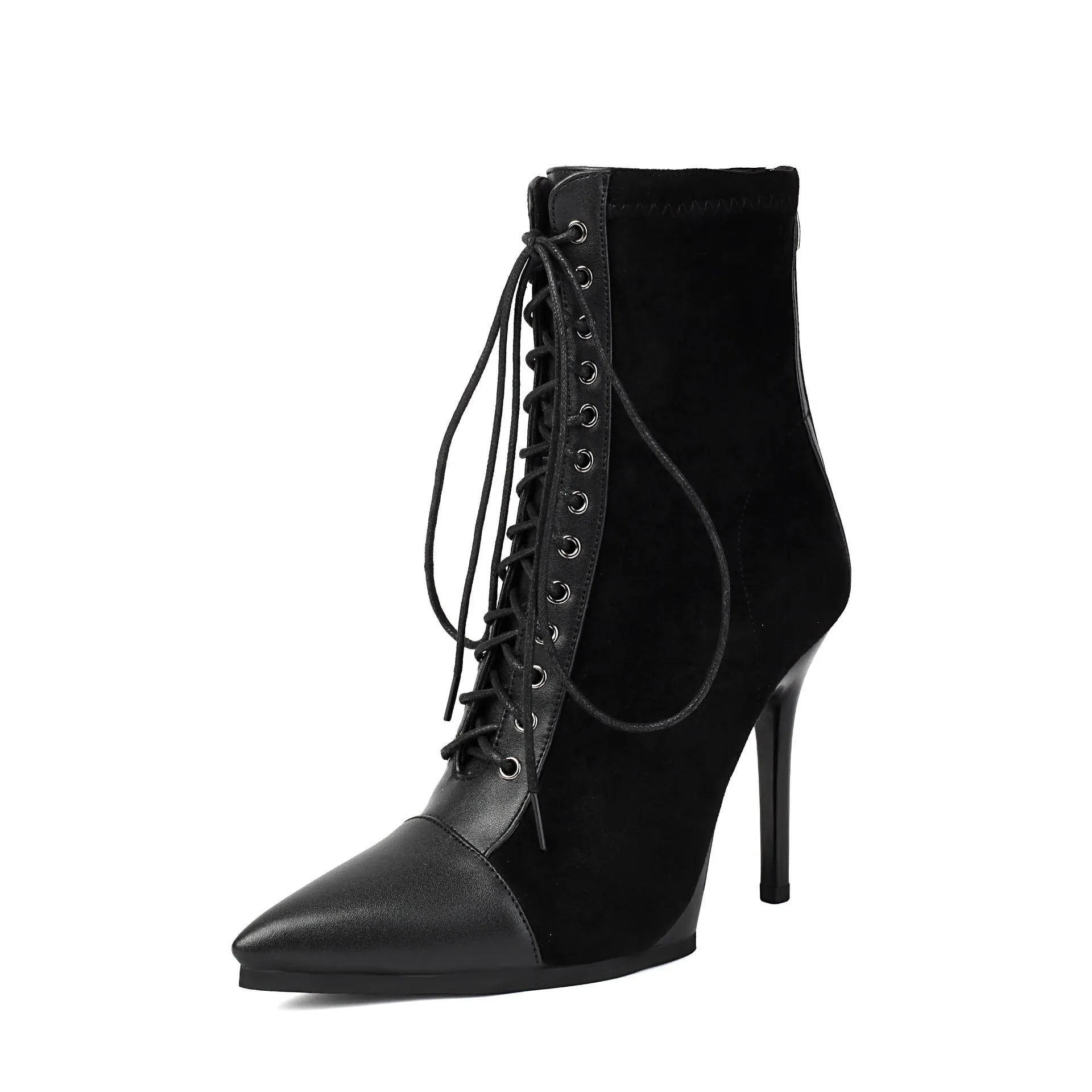 Women's suede drawstring patchwork knight boots with stiletto heel and back zipper