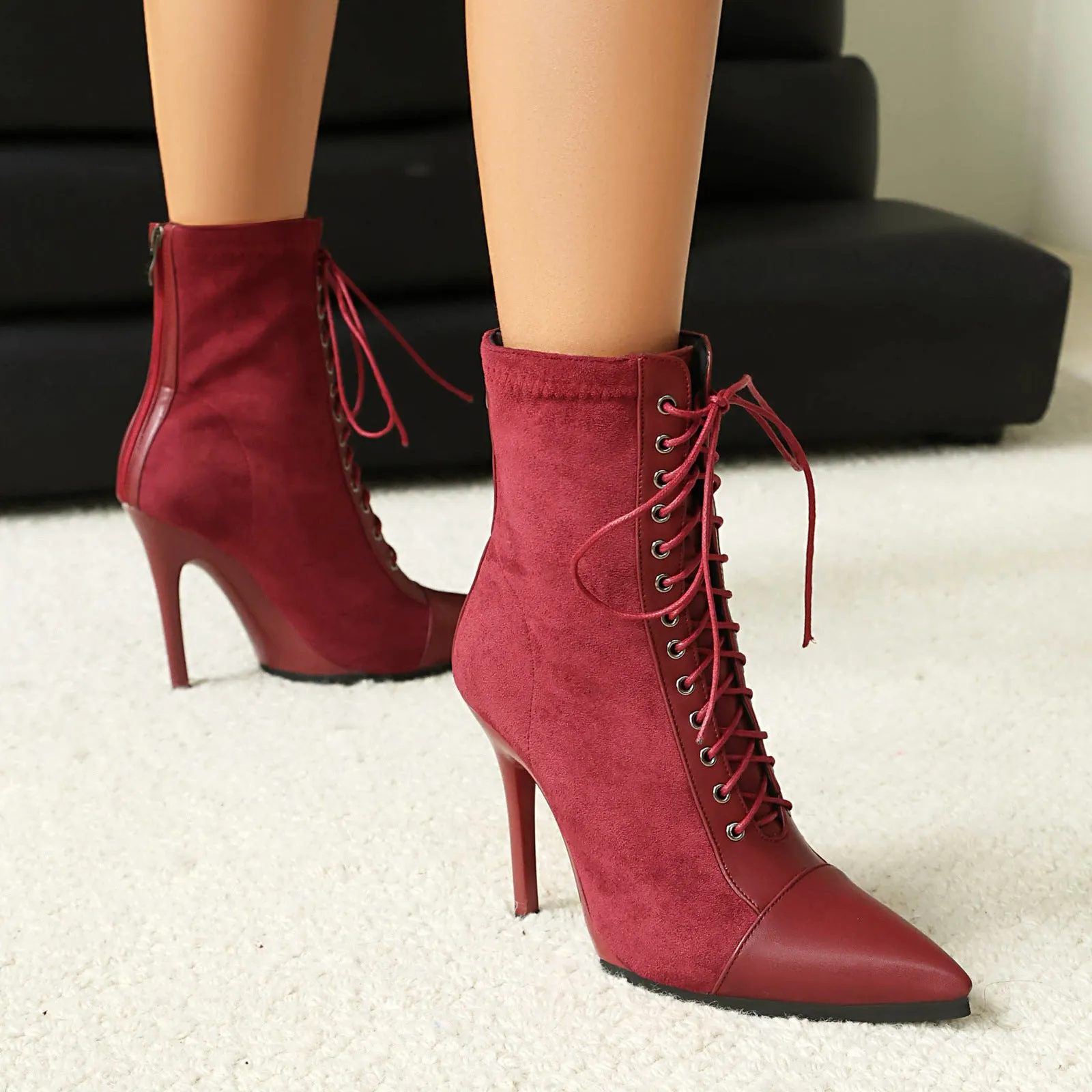 Women's suede drawstring patchwork knight boots with stiletto heel and back zipper