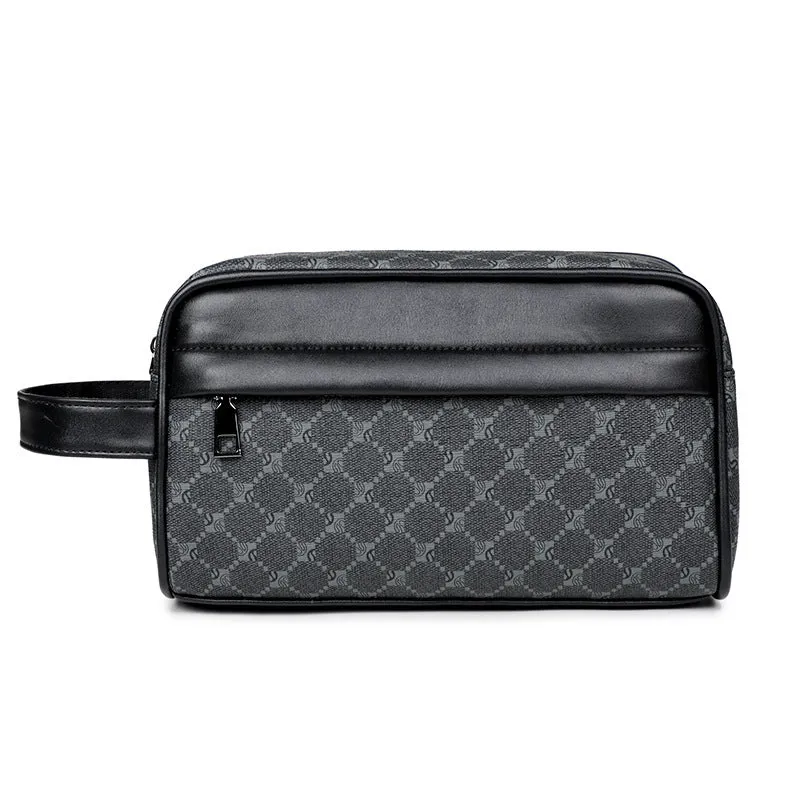 Men's vintage plaid printed PVC ultra-light waterproof crossbody handbag in Black Peach Heart colour