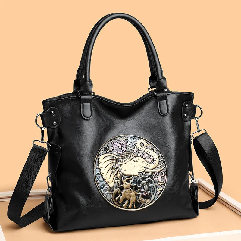 Retro Chinese style soft bread leather crossbody bag, horizontal square shape with stitching, brown and black colour options