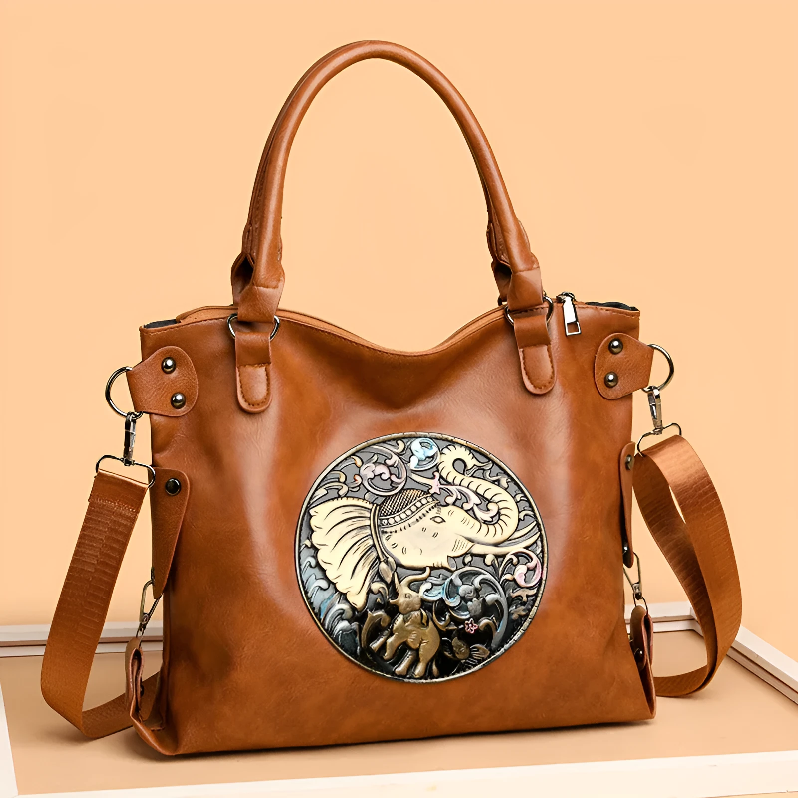 Retro Chinese style soft bread leather crossbody bag, horizontal square shape with stitching, brown and black colour options
