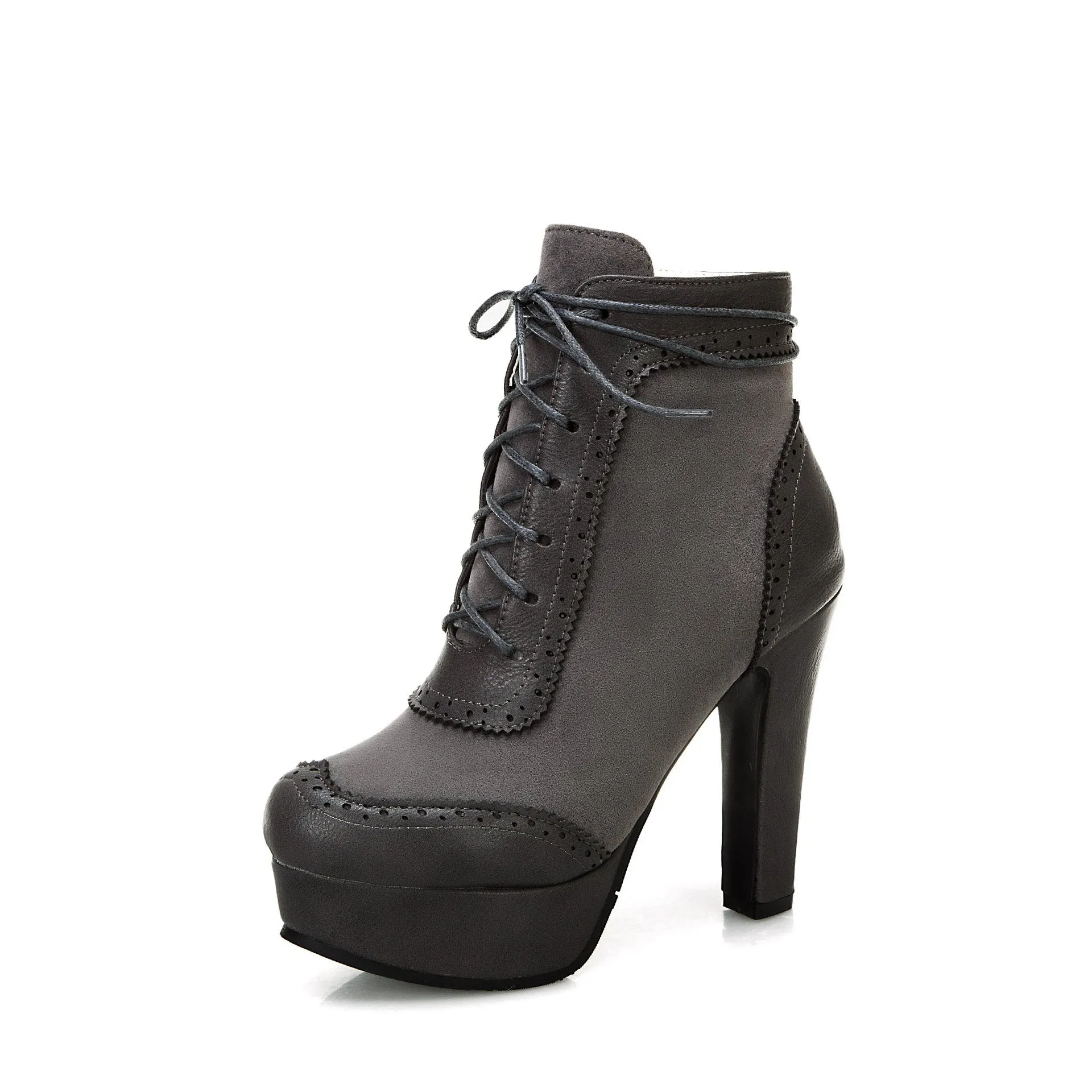 Women's ultra-high heel round toe low-cut Martin boots in solid colour with side zipper, available in black brown gray yellow