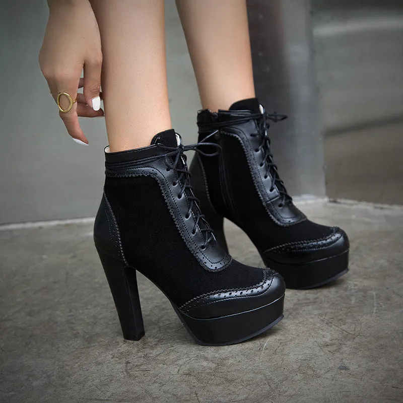 Women's ultra-high heel round toe low-cut Martin boots in solid colour with side zipper, available in black brown gray yellow