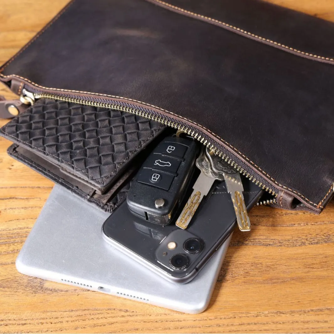 Men's crazy horse leather clutch in dark coffee colour, front view, genuine first layer cowhide with urban simplicity design
