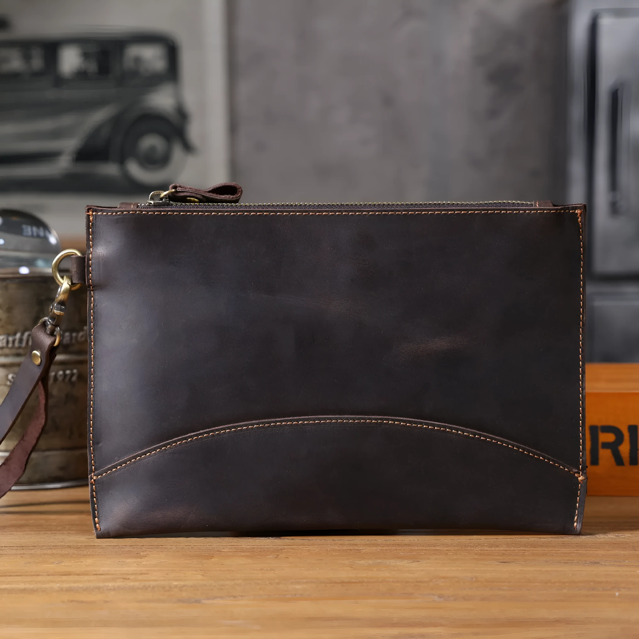 Men's crazy horse leather clutch in dark coffee colour, front view, genuine first layer cowhide with urban simplicity design