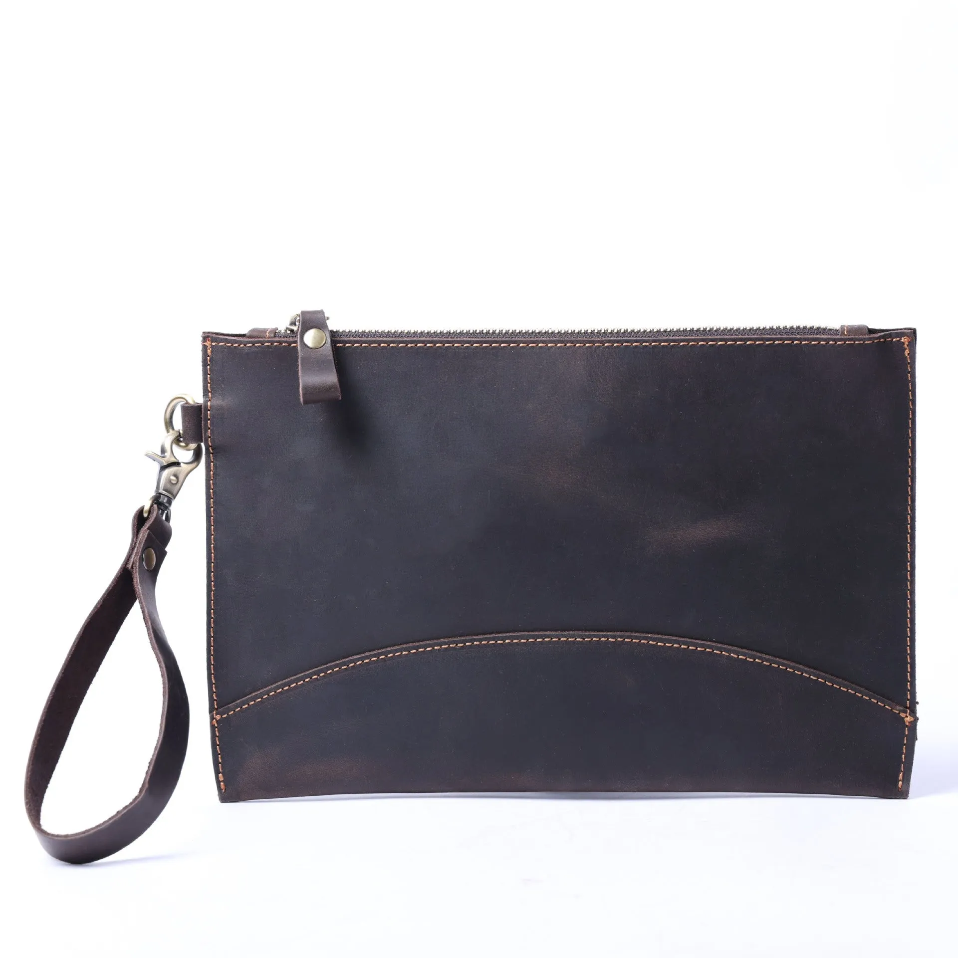 Men's crazy horse leather clutch in dark coffee colour, front view, genuine first layer cowhide with urban simplicity design
