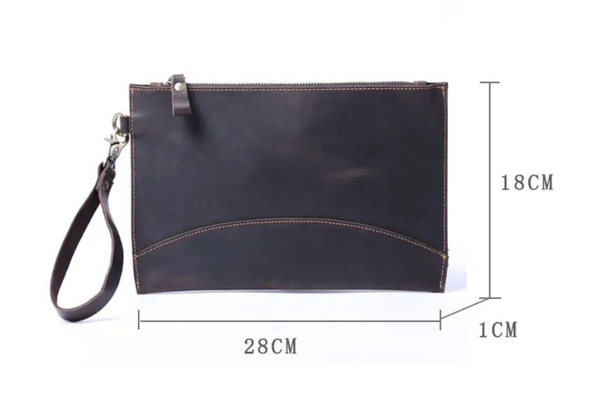 Men's crazy horse leather clutch in dark coffee colour, front view, genuine first layer cowhide with urban simplicity design