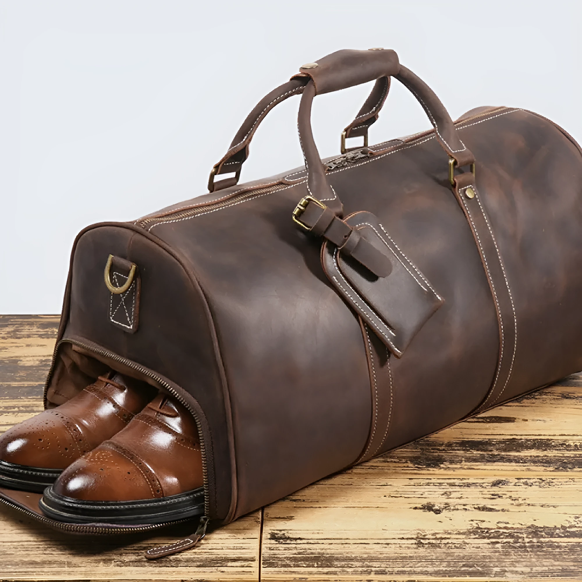 Men's genuine first layer cowhide leather travel bag in retro solid colour, available in black or dark brown, 50cm or 55cm