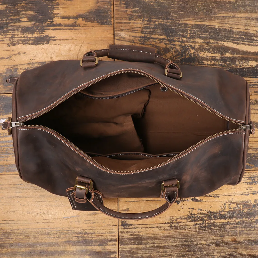 Men's genuine first layer cowhide leather travel bag in retro solid colour, available in black or dark brown, 50cm or 55cm