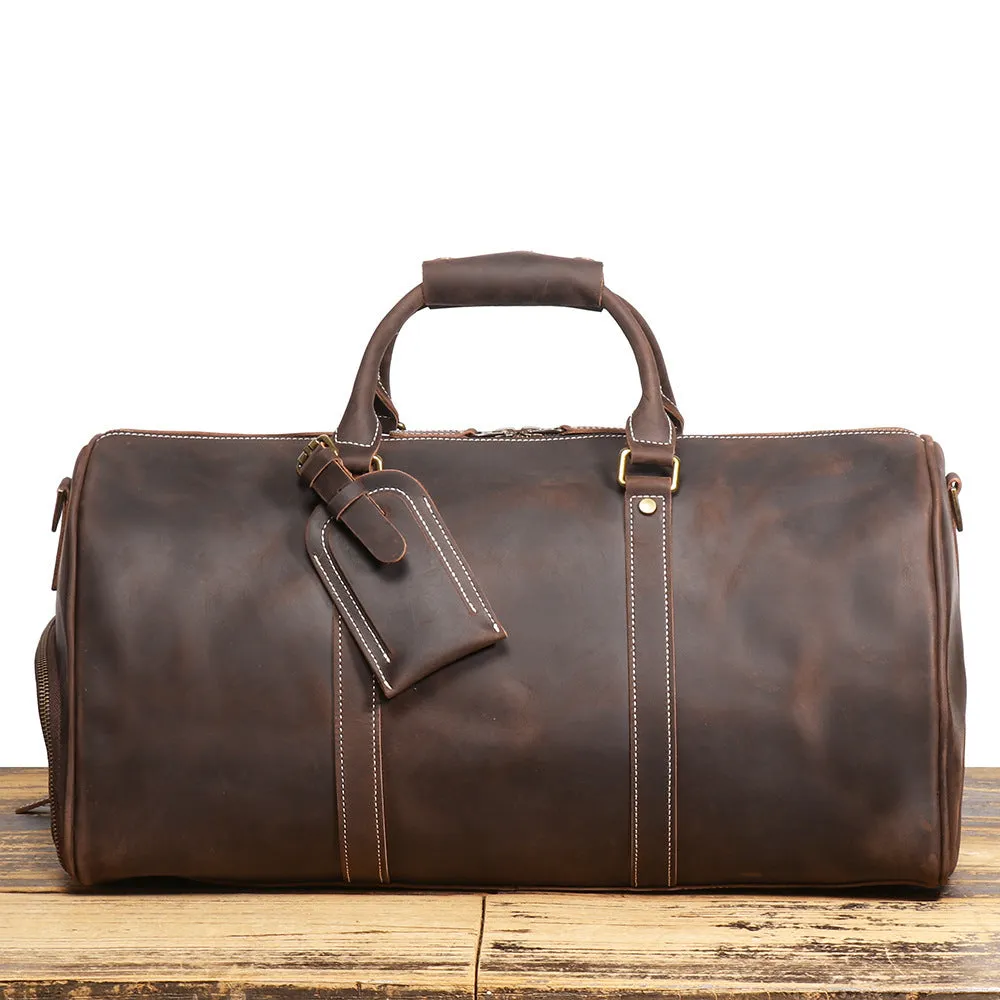 Men's genuine first layer cowhide leather travel bag in retro solid colour, available in black or dark brown, 50cm or 55cm
