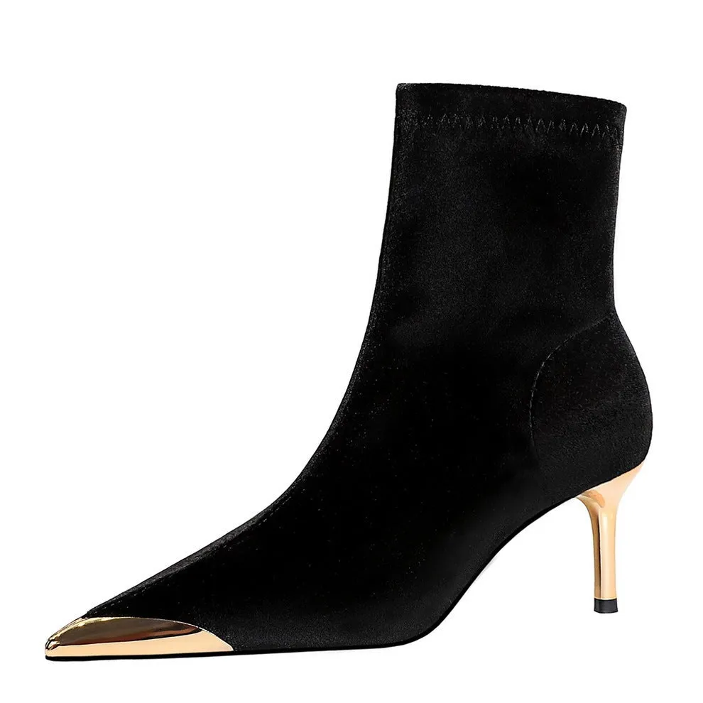Women's suede stiletto heel ankle boots in black with pointed toe and metal detail