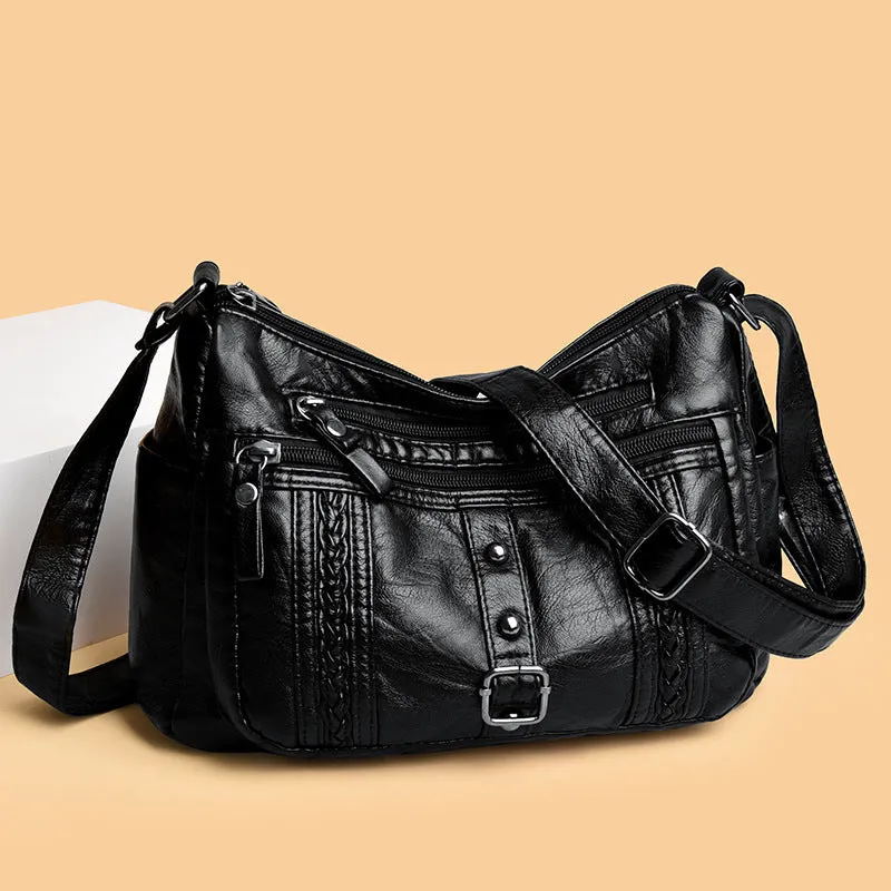 Fashionable versatile new soft PU shoulder messenger bag in horizontal square shape with slit pocket, available in five colours