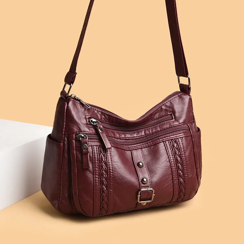 Fashionable versatile new soft PU shoulder messenger bag in horizontal square shape with slit pocket, available in five colours