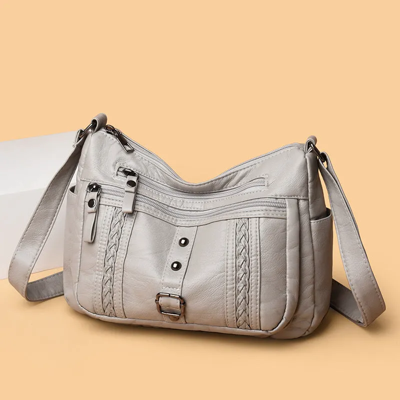 Fashionable versatile new soft PU shoulder messenger bag in horizontal square shape with slit pocket, available in five colours