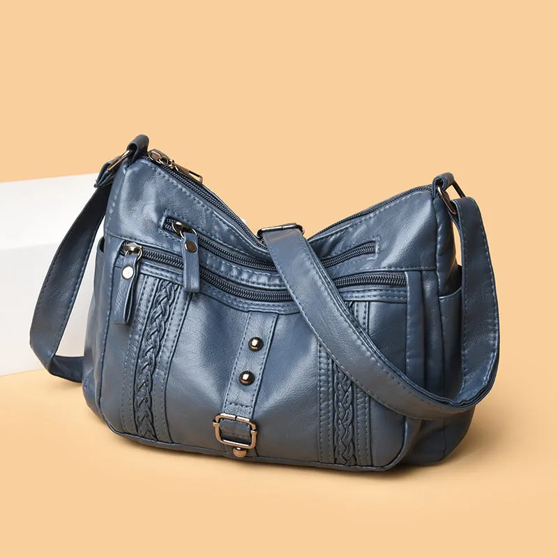 Fashionable versatile new soft PU shoulder messenger bag in horizontal square shape with slit pocket, available in five colours