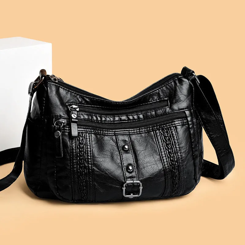 Fashionable versatile new soft PU shoulder messenger bag in horizontal square shape with slit pocket, available in five colours