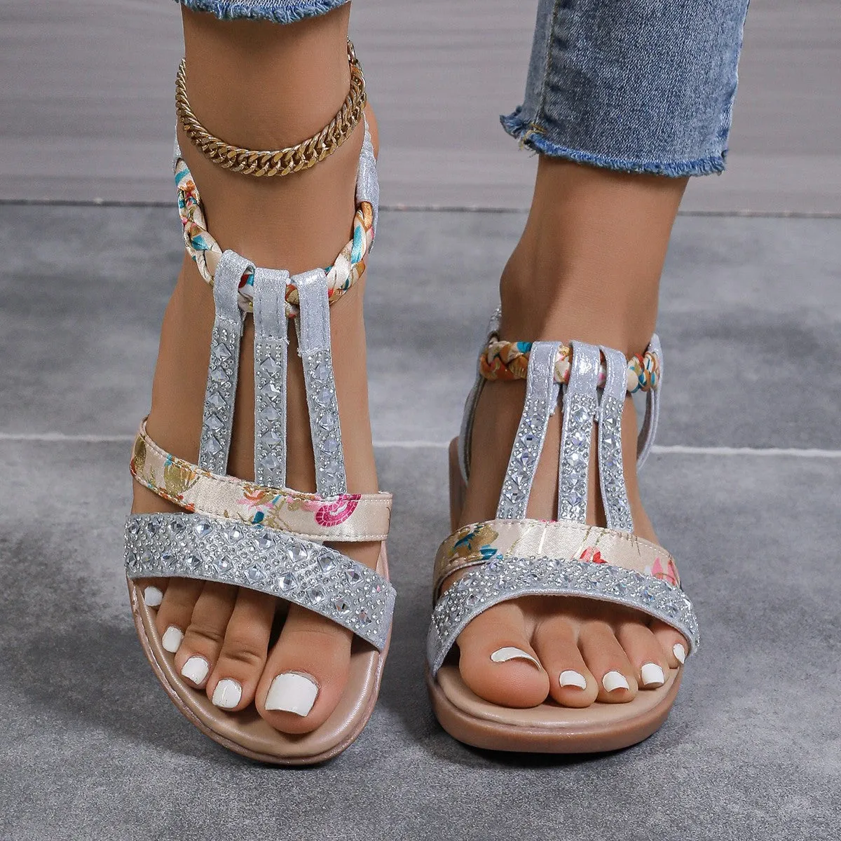 Women's bohemian wedge peep toe sandals elastic slip-on low top in sky blue