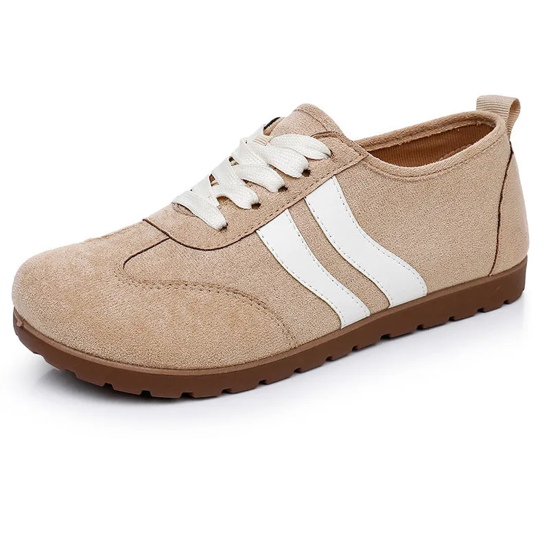 Women's vintage canvas sneakers with round toe and flat heel in dark red and khaki colour options