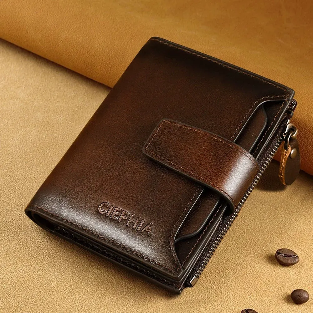 Men's genuine leather wallet in brown with retro stitching, zippered coin purse, and two-fold design