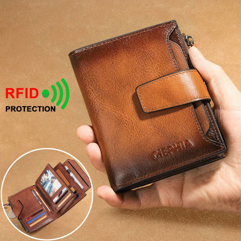 Men's genuine leather wallet in brown with retro stitching, zippered coin purse, and two-fold design