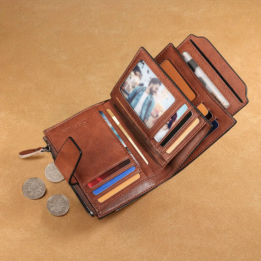 Men's genuine leather wallet in brown with retro stitching, zippered coin purse, and two-fold design