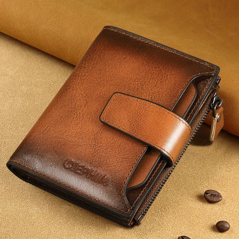Men's genuine leather wallet in brown with retro stitching, zippered coin purse, and two-fold design