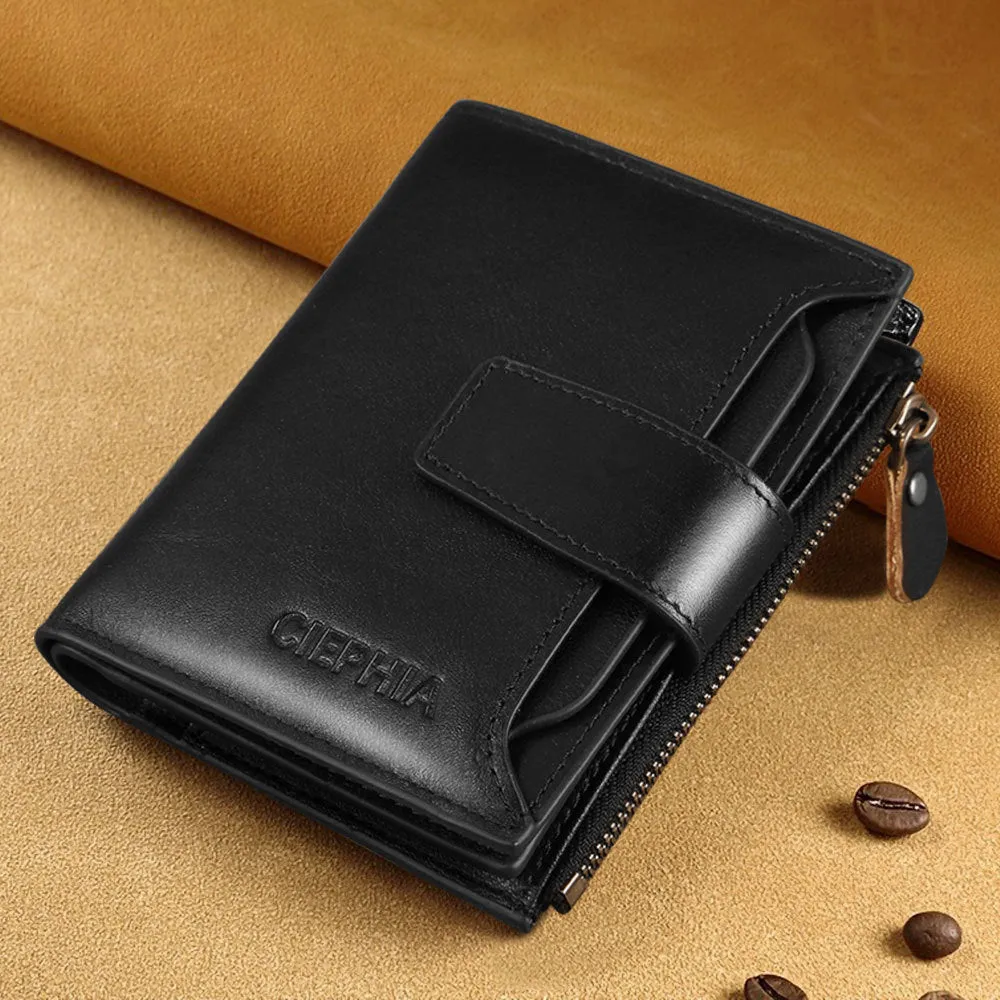 Men's genuine leather wallet in brown with retro stitching, zippered coin purse, and two-fold design