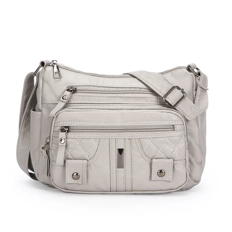 New washed PU shoulder messenger bag in horizontal square shape with three-dimensional pocket, 26x19x8cm