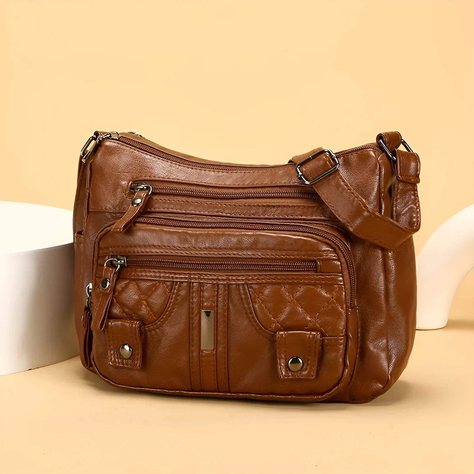 New washed PU shoulder messenger bag in horizontal square shape with three-dimensional pocket, 26x19x8cm
