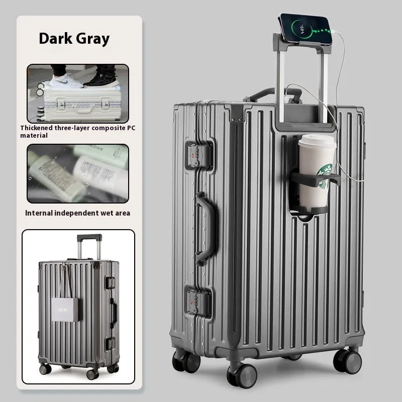 Large capacity travel luggage with aluminium frame, cup holder, and lock in solid colour