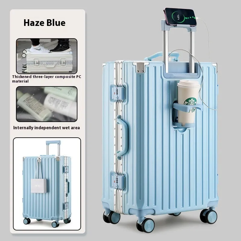 Large capacity travel luggage with aluminium frame, cup holder, and lock in solid colour