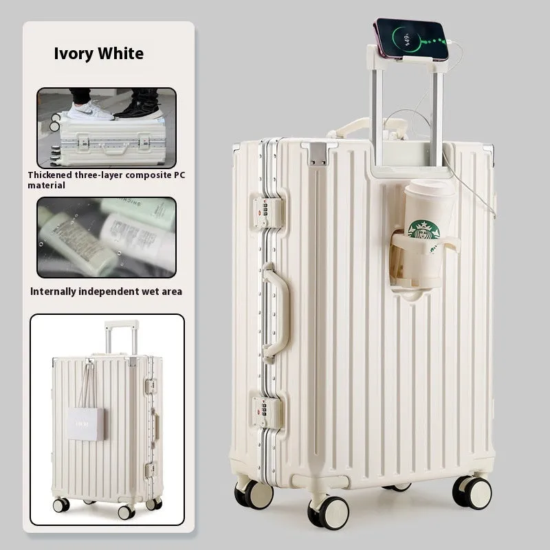 Large capacity travel luggage with aluminium frame, cup holder, and lock in solid colour