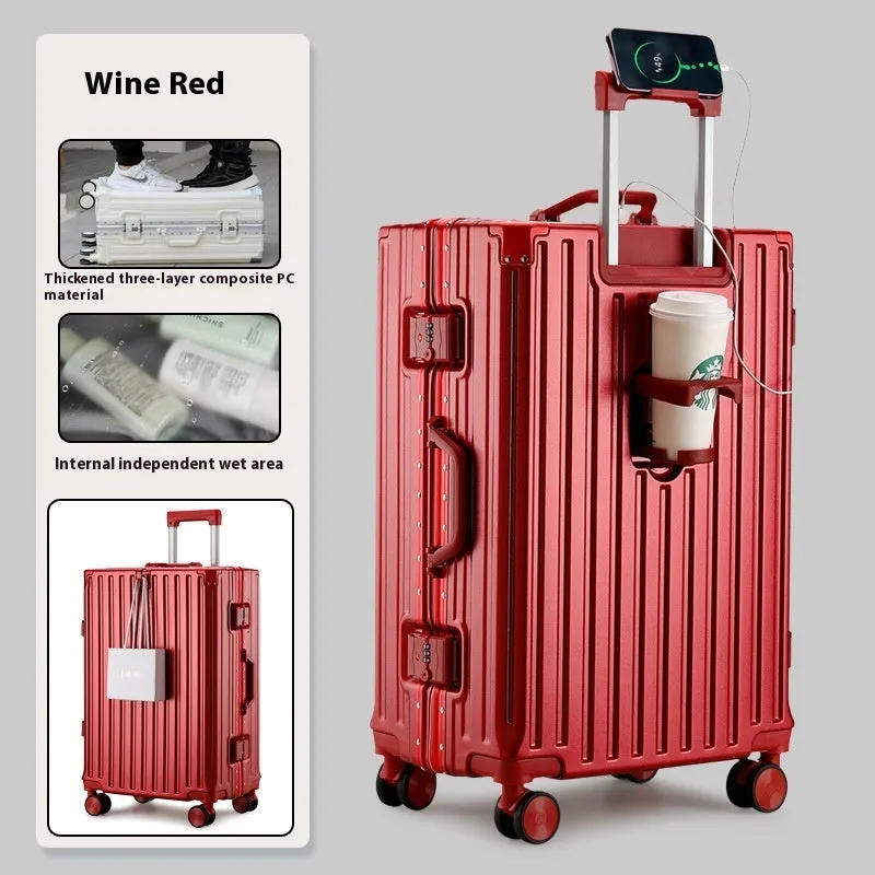 Large capacity travel luggage with aluminium frame, cup holder, and lock in solid colour