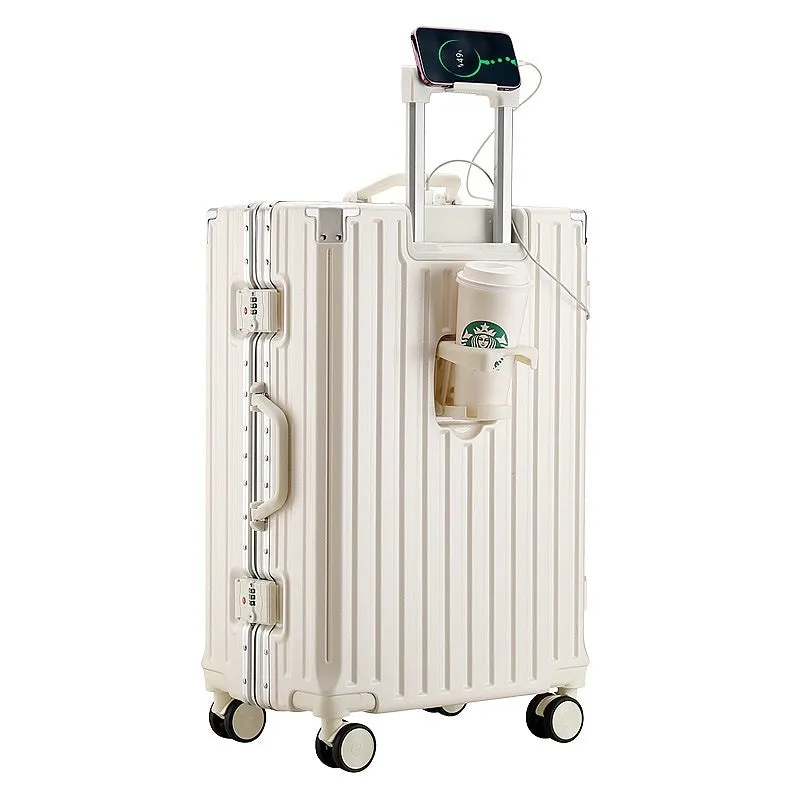 Large capacity travel luggage with aluminium frame, cup holder, and lock in solid colour