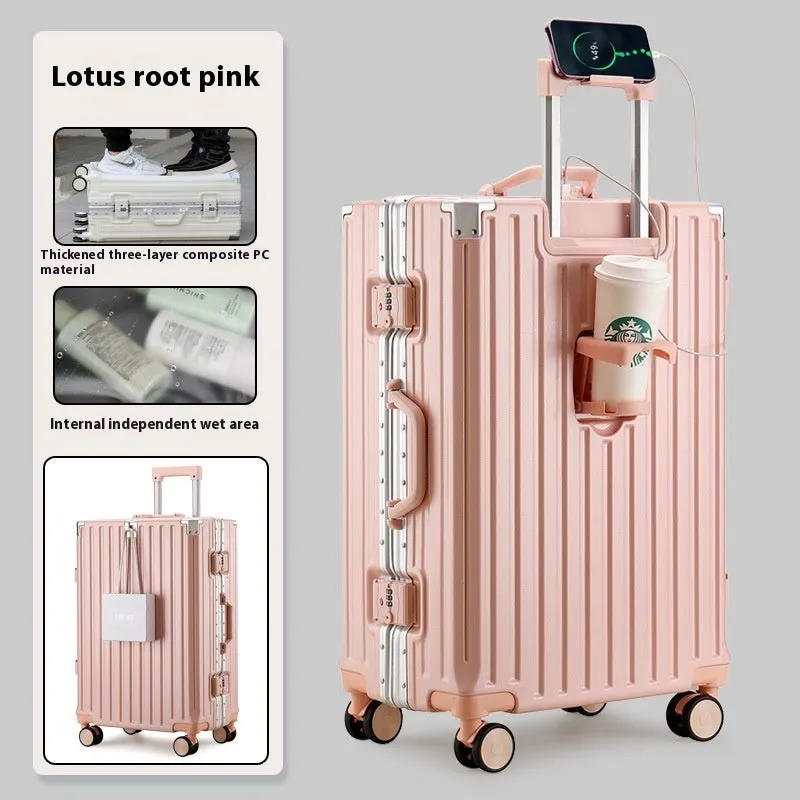 Large capacity travel luggage with aluminium frame, cup holder, and lock in solid colour