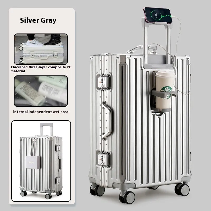Large capacity travel luggage with aluminium frame, cup holder, and lock in solid colour