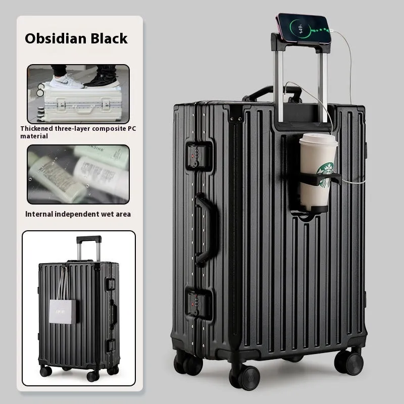 Large capacity travel luggage with aluminium frame, cup holder, and lock in solid colour