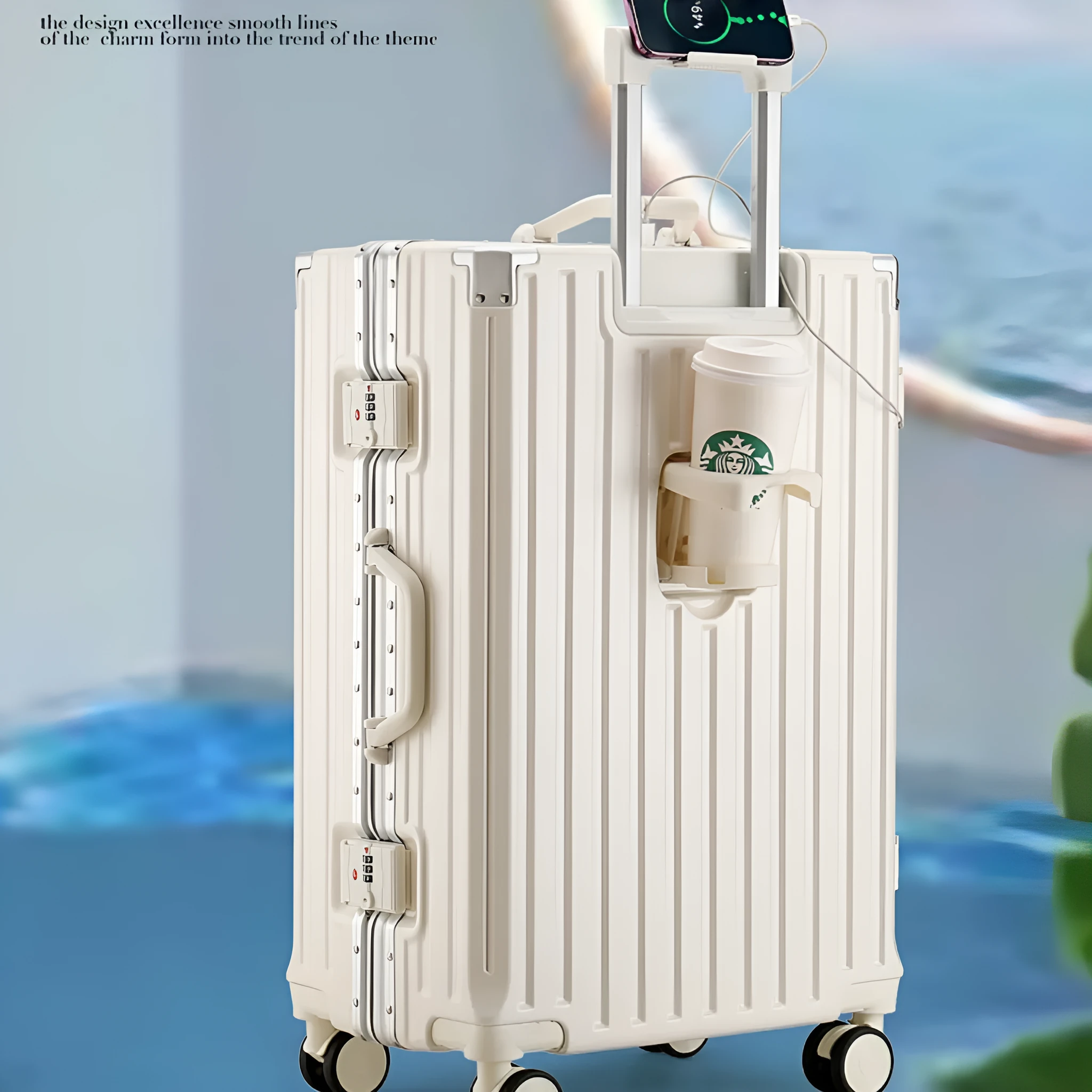 Large capacity travel luggage with aluminium frame, cup holder, and lock in solid colour