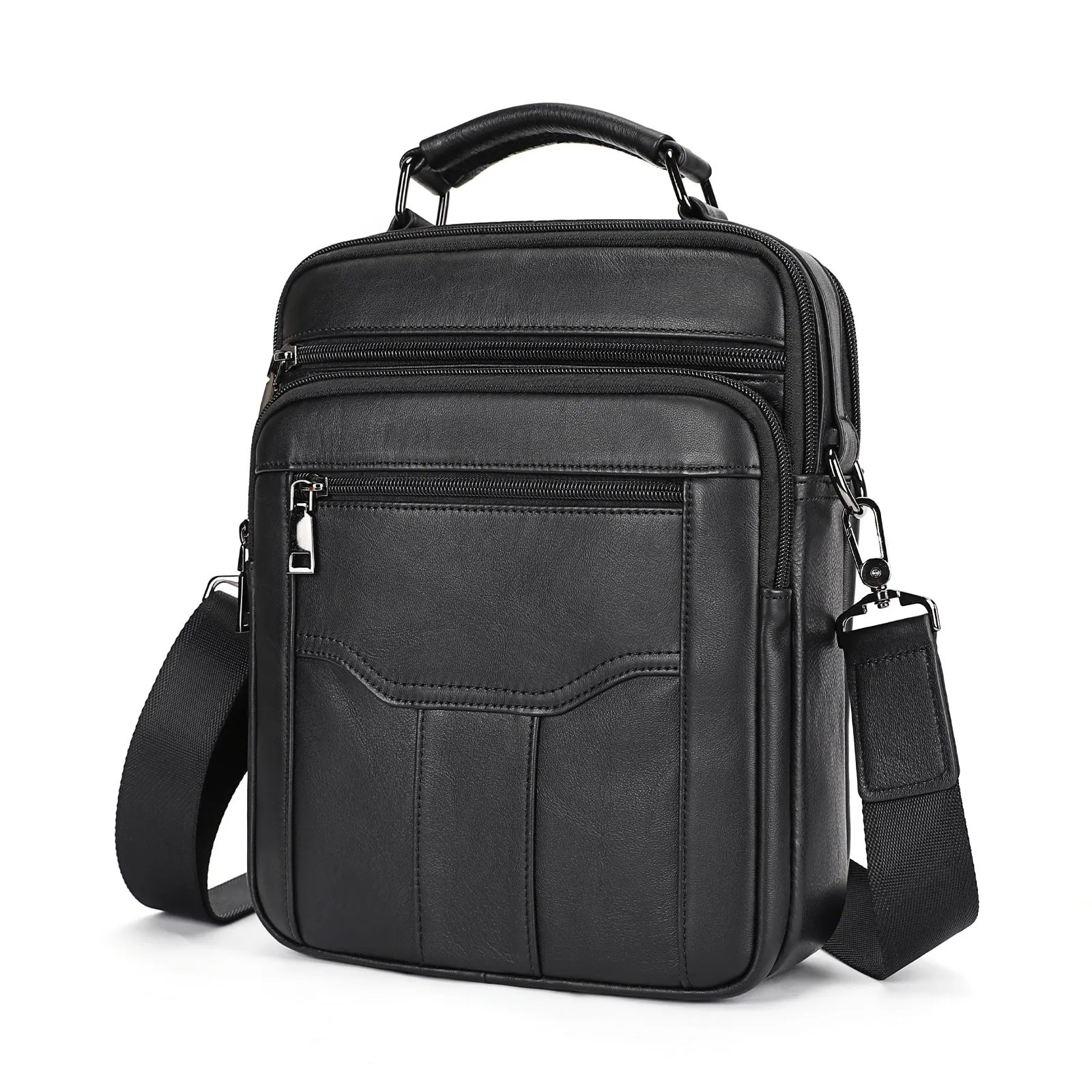 Men's genuine leather messenger bag in black with visible sewing line details and shoulder strap