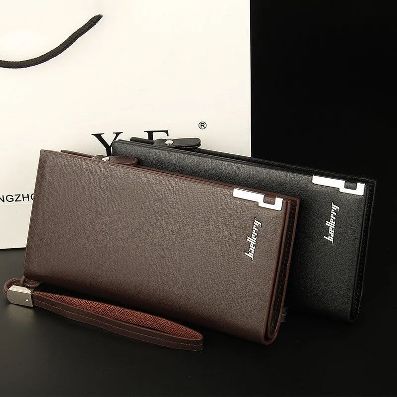 Men's black PU leather wallet with a long silver zipper closure shown open
