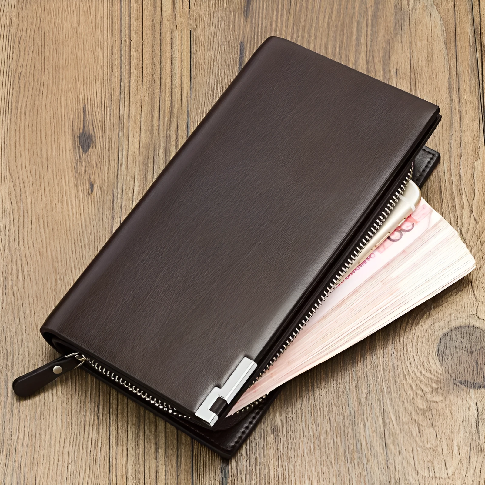 Men's black PU leather wallet with a long silver zipper closure shown open