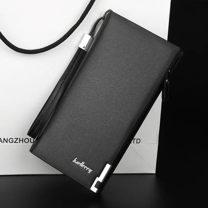 Men's black PU leather wallet with a long silver zipper closure shown open