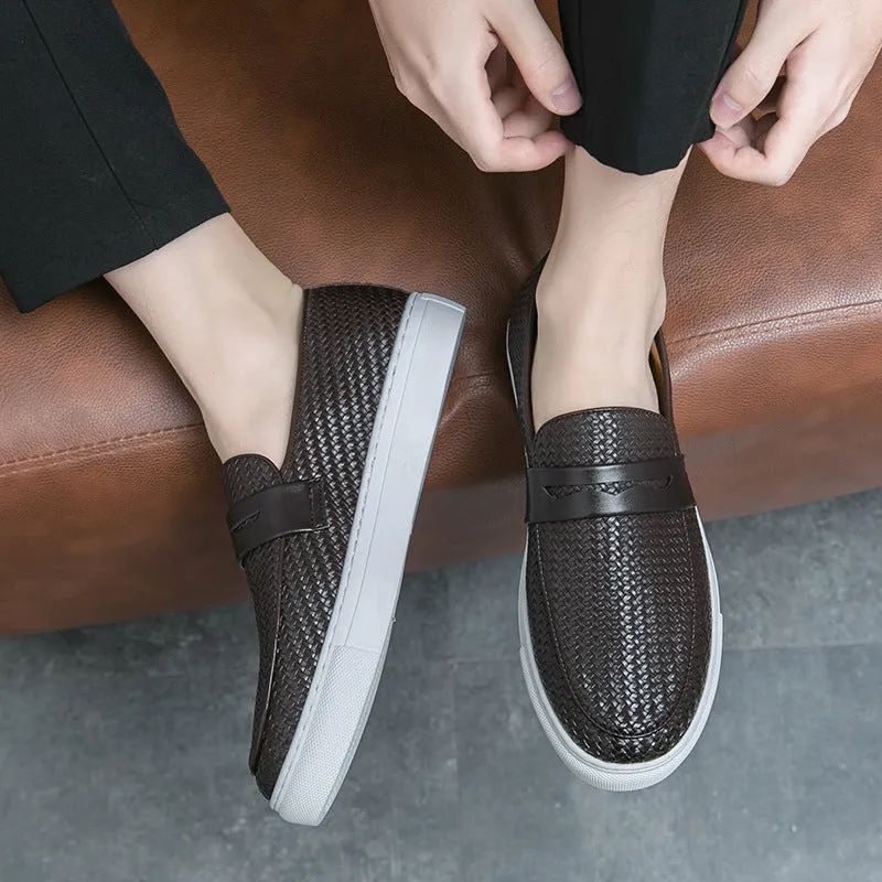 Korean style men's casual flat shoes brown artificial PU upper with sewing line detail