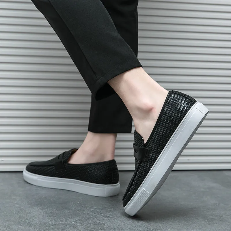 Korean style men's casual flat shoes brown artificial PU upper with sewing line detail