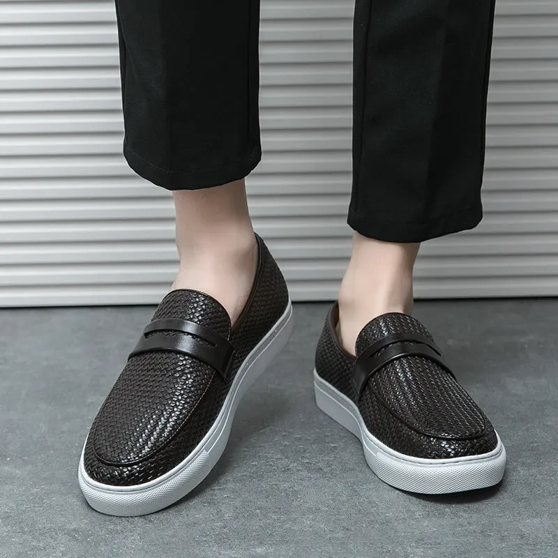 Korean style men's casual flat shoes brown artificial PU upper with sewing line detail