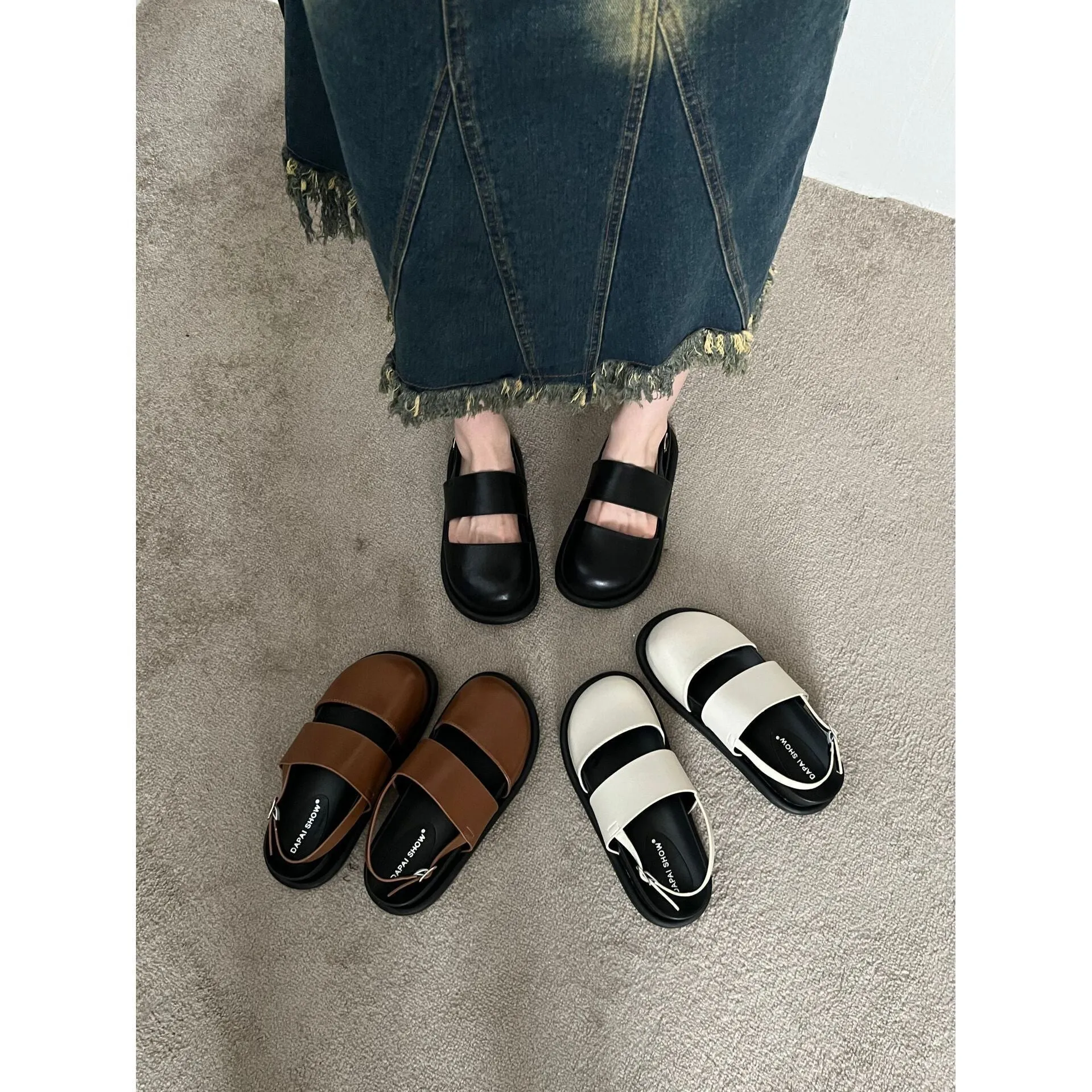 Retro Korean style sandals with an ankle-strap buckle, shown in apricot colour.