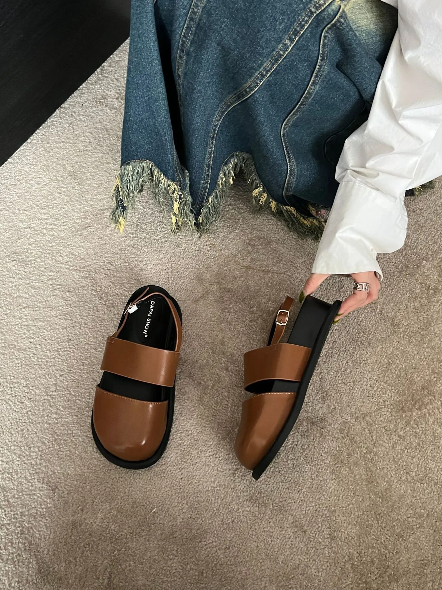 Retro Korean style sandals with an ankle-strap buckle, shown in apricot colour.
