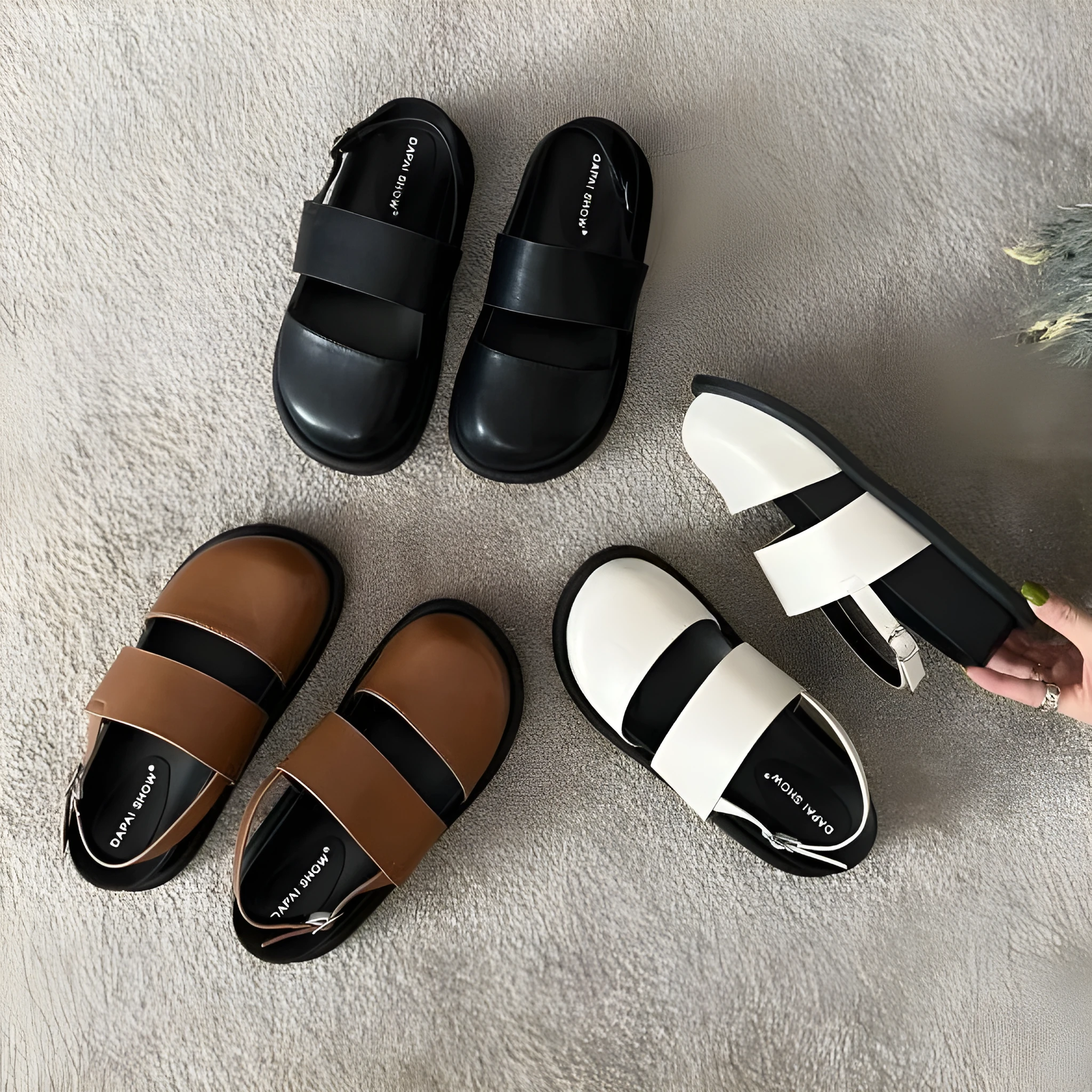 Retro Korean style sandals with an ankle-strap buckle, shown in apricot colour.