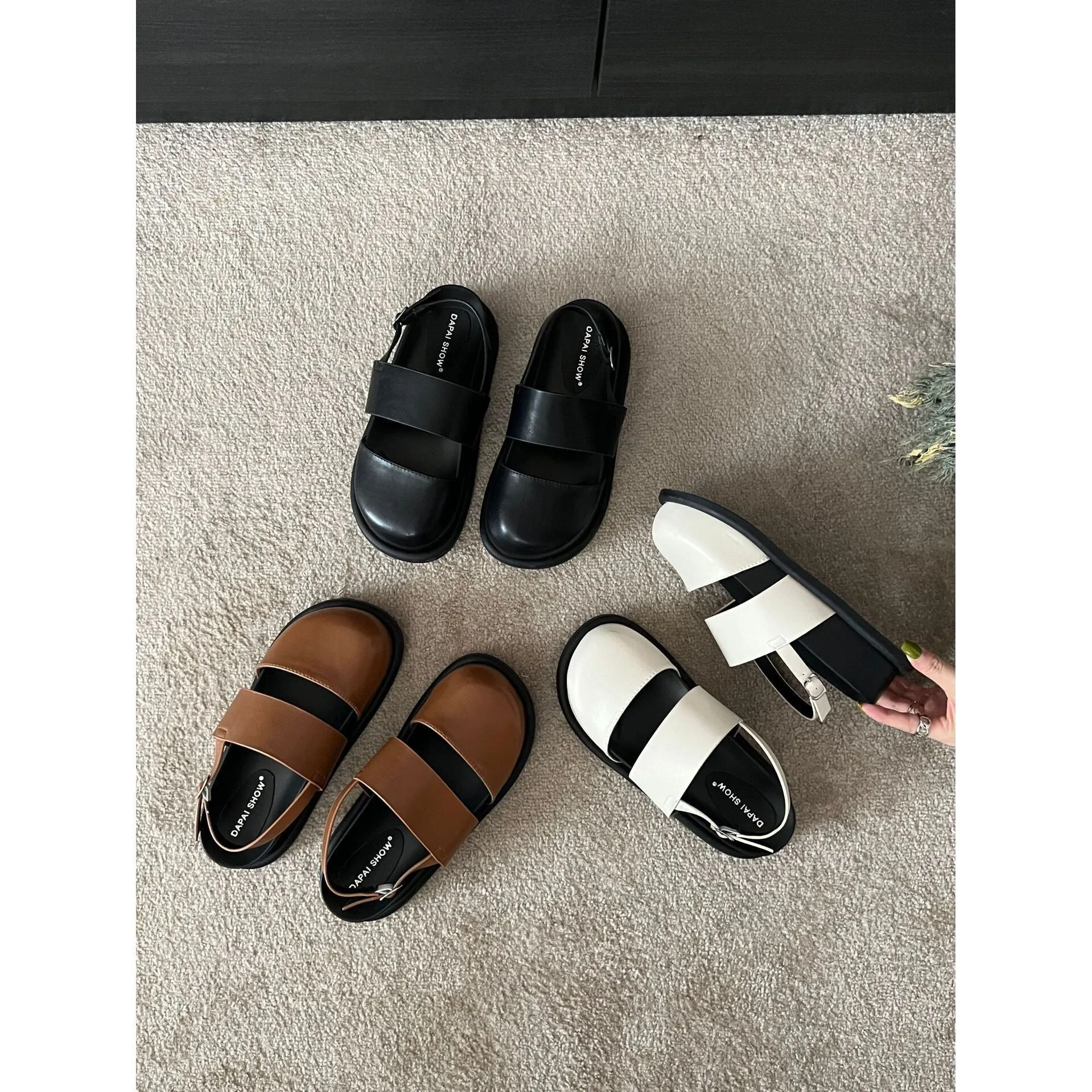 Retro Korean style sandals with an ankle-strap buckle, shown in apricot colour.
