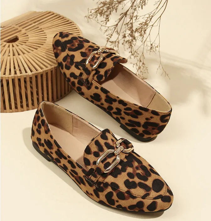 Brown leopard print suede round toe flat heel pumps for women